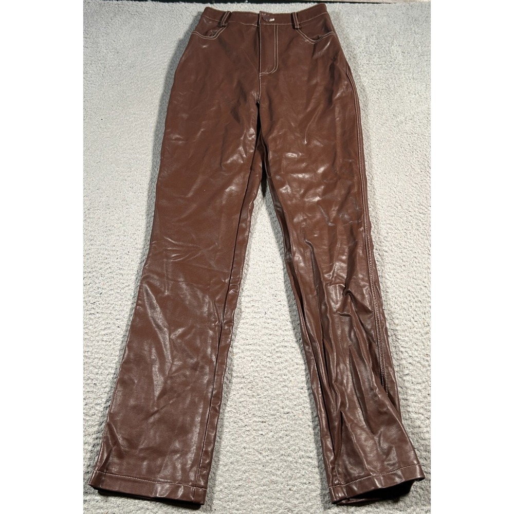 White Fox Faux Leather Pants Women Size XS Brown Straight Leg High Rise NWT